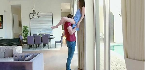  Tall Stepbro eats Teeny babe Winter Jades pussy while she is suspended in mid air before feeding her his cock